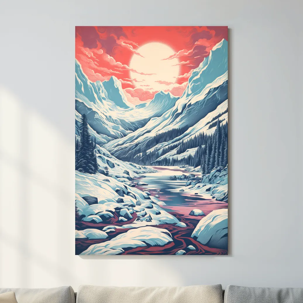 Illustration of an arctic valley at sunset