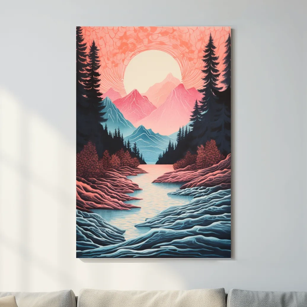  Risograph style illustration of an alpine valley at sunset 