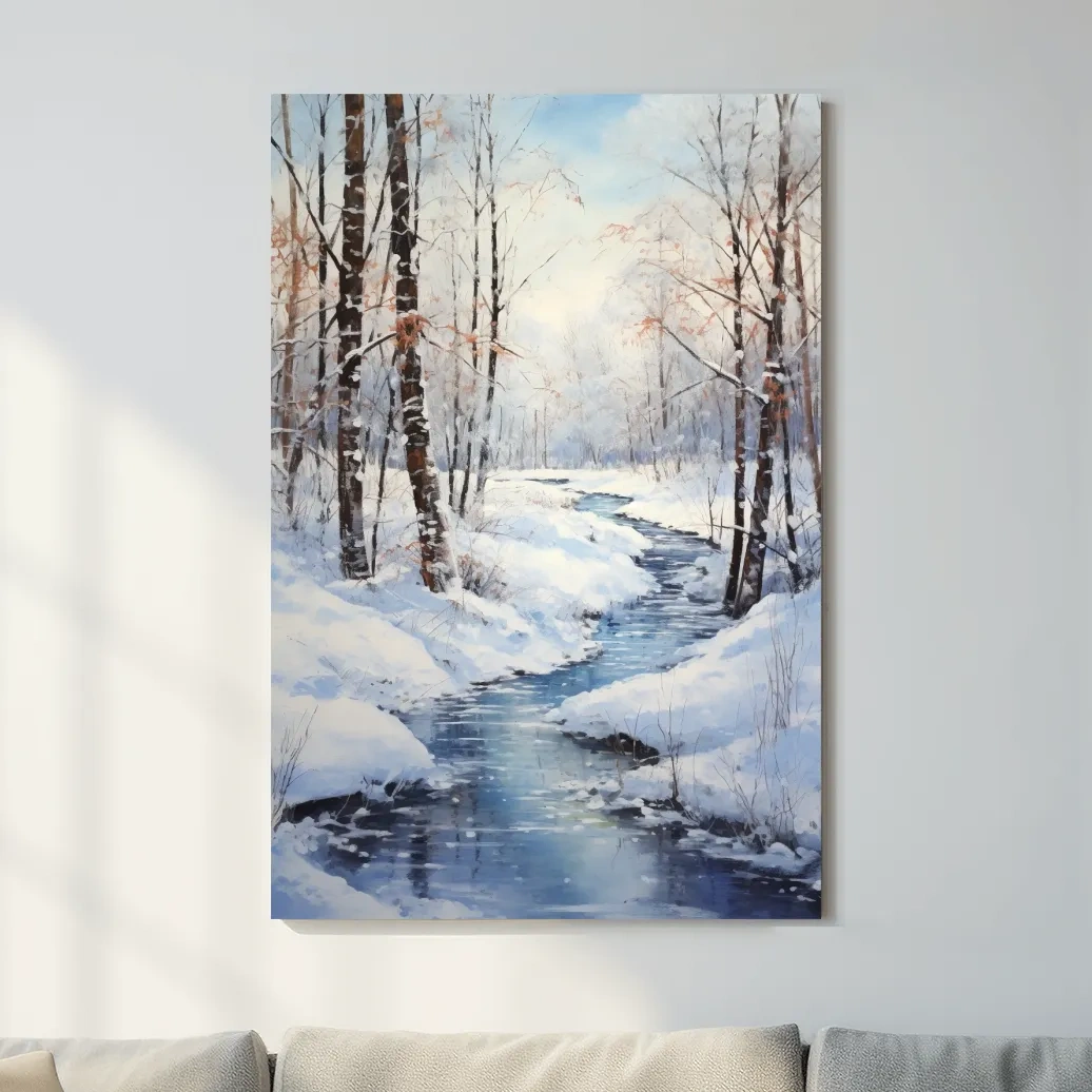 Serene Winter River Forest Painting - Snowy Woodland Wall Art