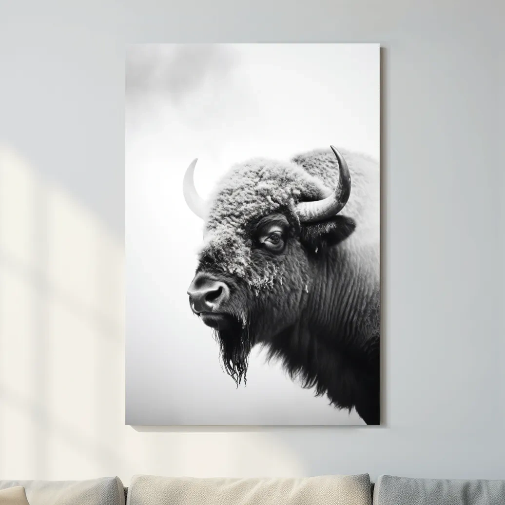 Photographic art, black and white photo of a bison in winter