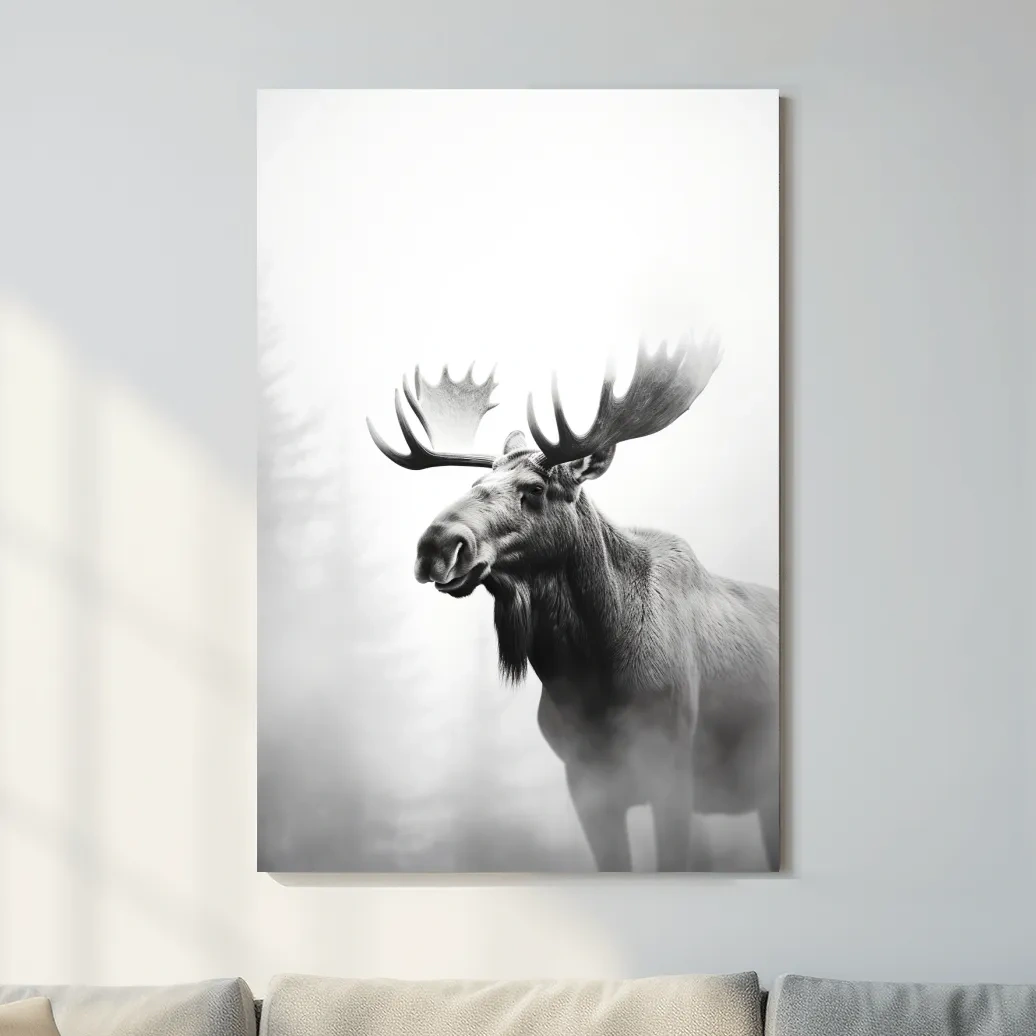 Moody Black And White Moose Portrait - Misty Wildlife Photography Artwork