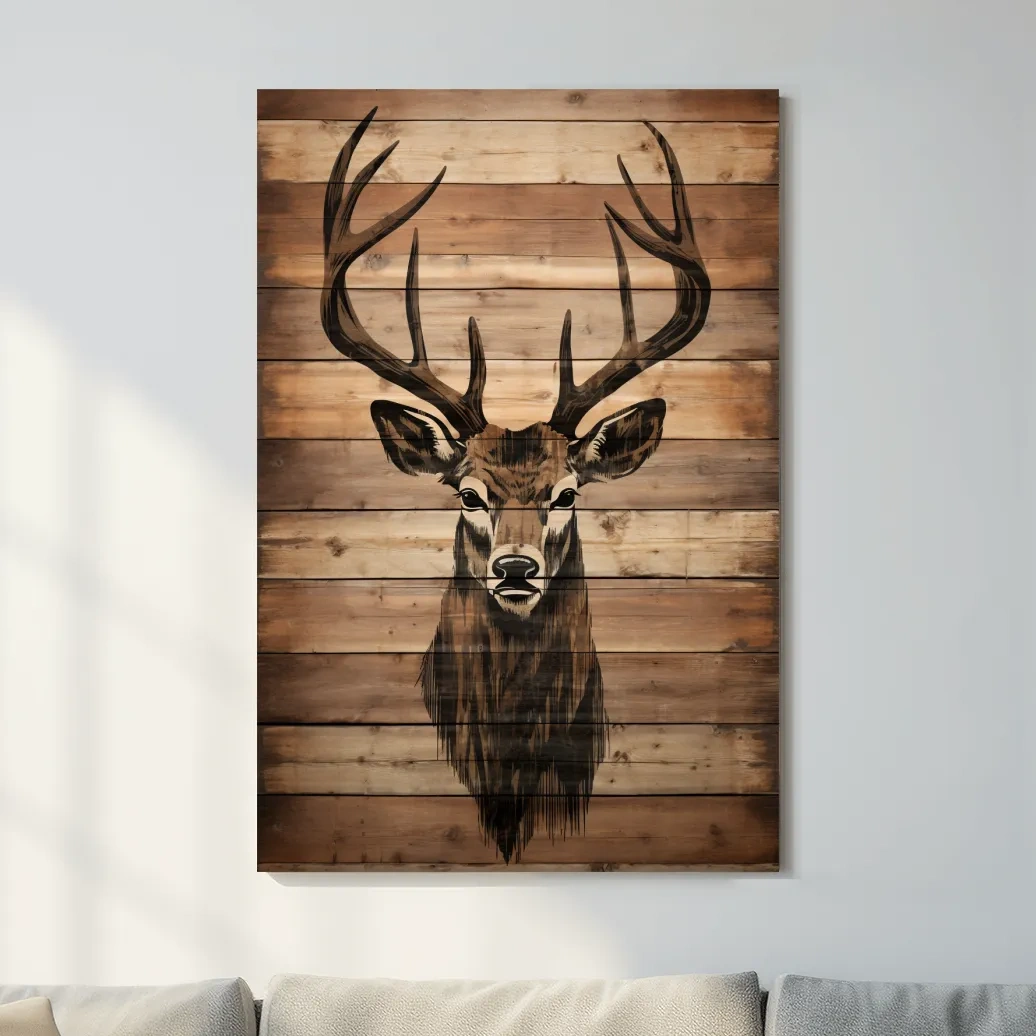 Wood burning art, deer head on wooden panels