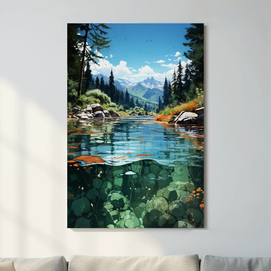 Crystal Clear Alpine River Landscape Illustration - Vibrant Mountain Forest Artwork