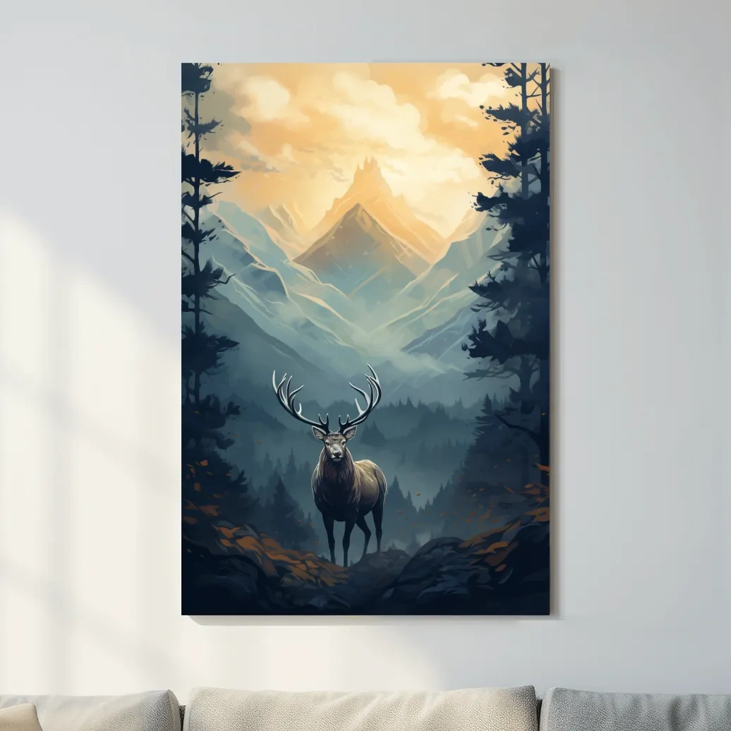 Serene illustration of a majestic deer in the forest at sunset
