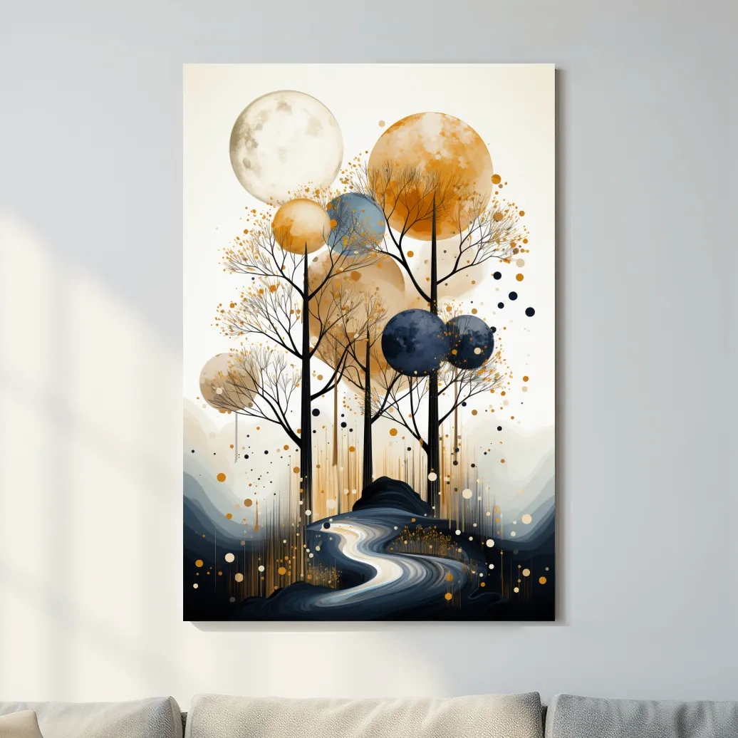 Surreal Golden Moonlit Forest River - Chic Boho Landscape Wall Art