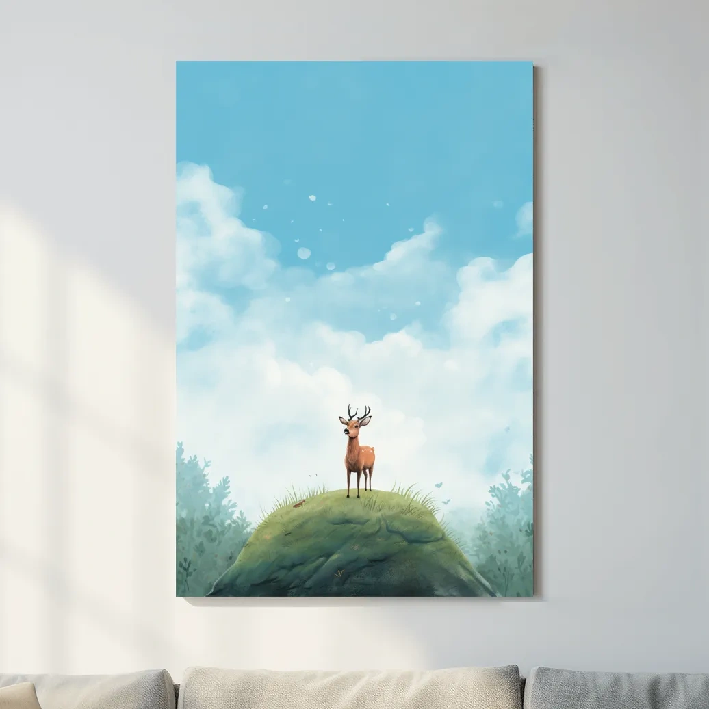 Whimsical Watercolor Deer on Grassy Hill - Serene Woodland Nursery Wall Art