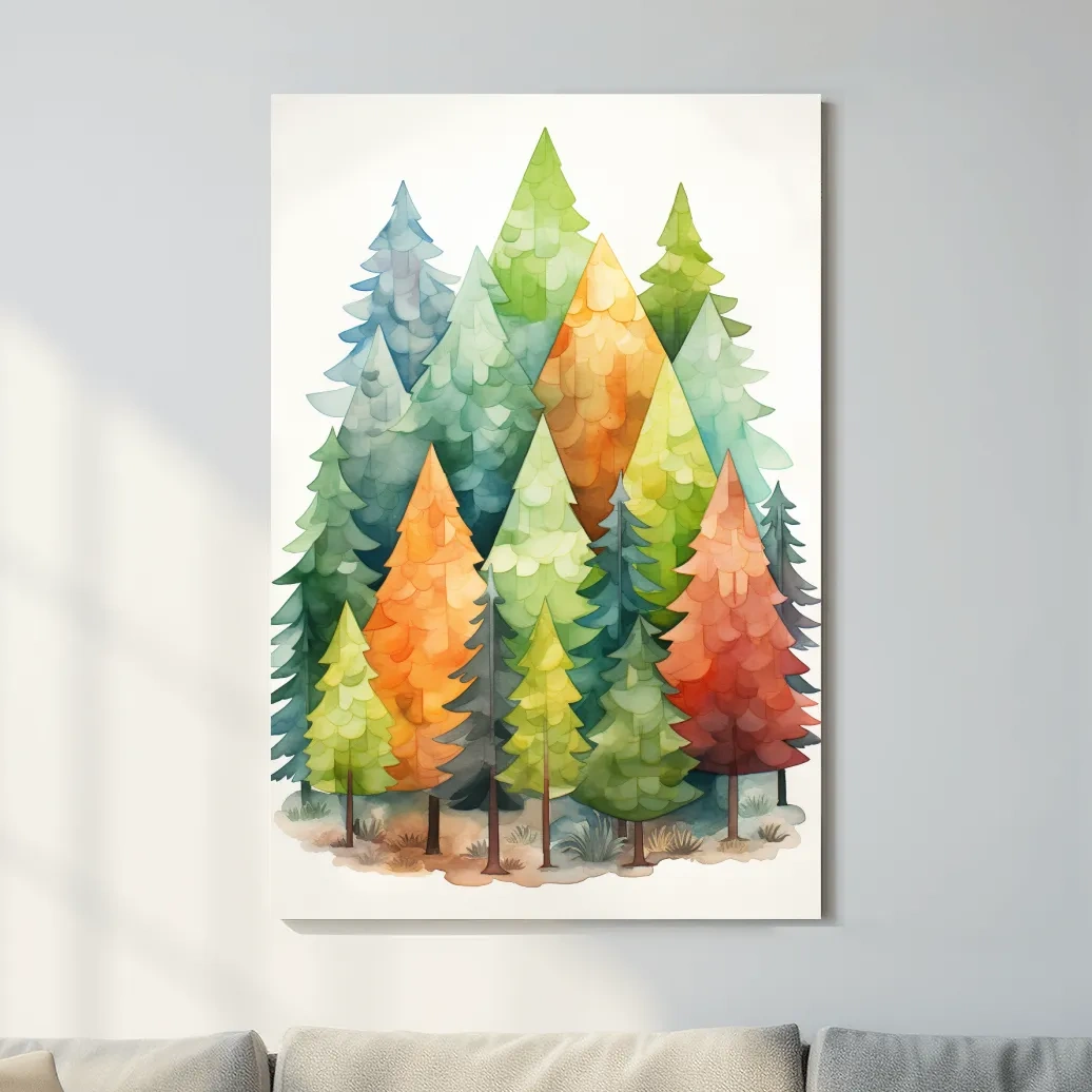 Watercolour painting of a colourful forest