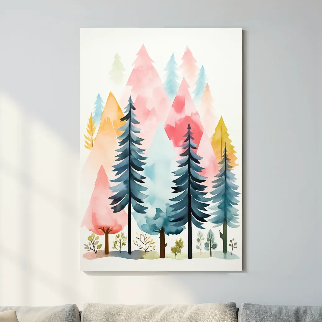 Watercolor style story book illustration art of a colorful forest