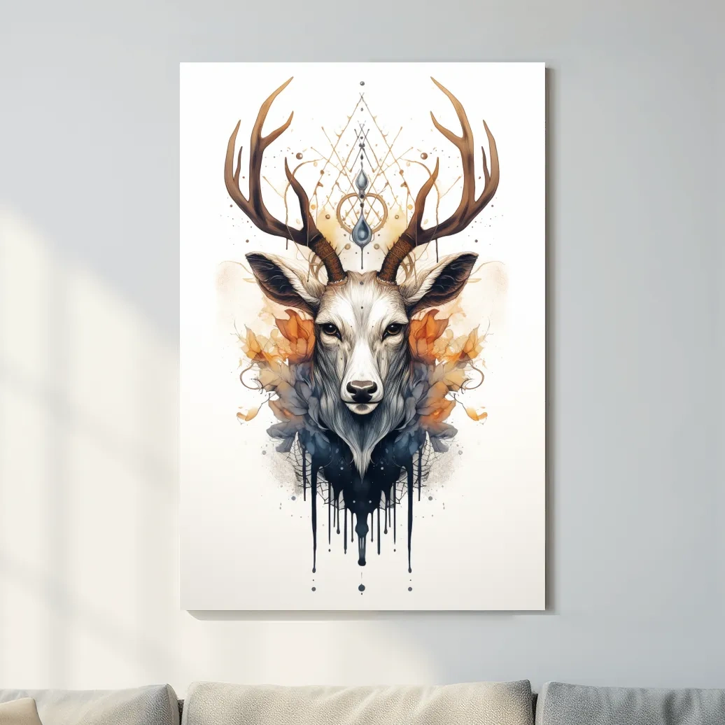 Ornate tribal style illustration of deer head with flowers