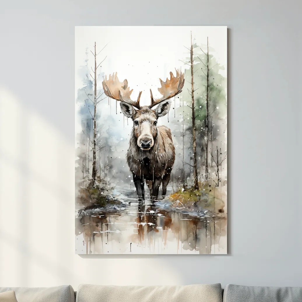 Watercolor painting of a moose in a forest lake