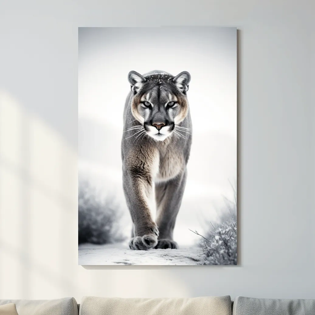 Photograph of a mountain lion walking in snow