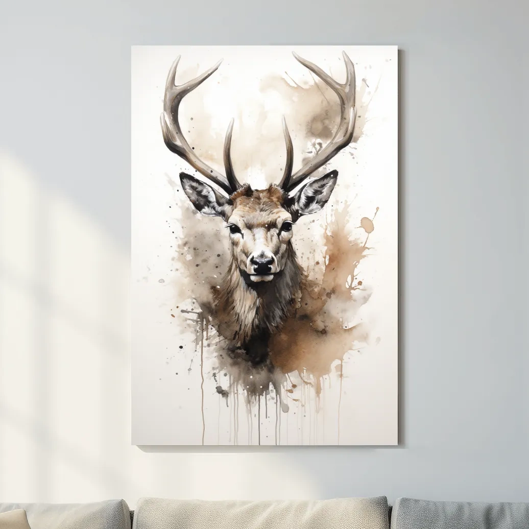 Splattered watercolour painting of a deers head