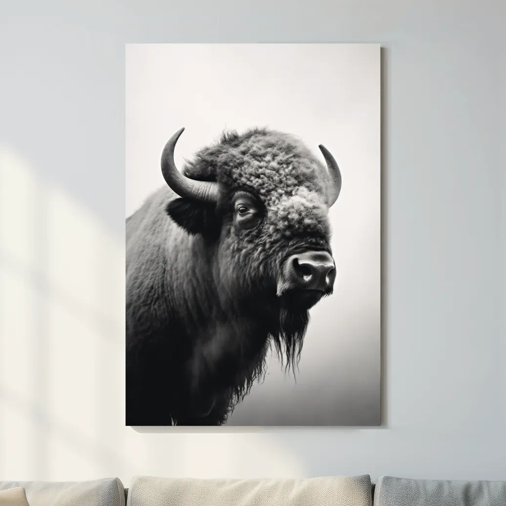 Photographic art, black and white photo of a bison on a crisp winter morning