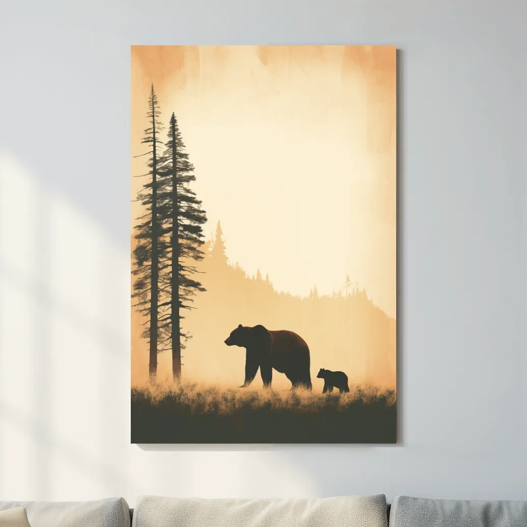 Momma bear and her cub, minimal illustration artwork