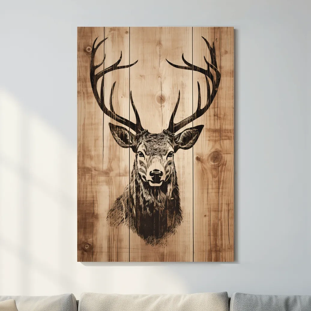 Wood burning style art, deer head on wooden panels