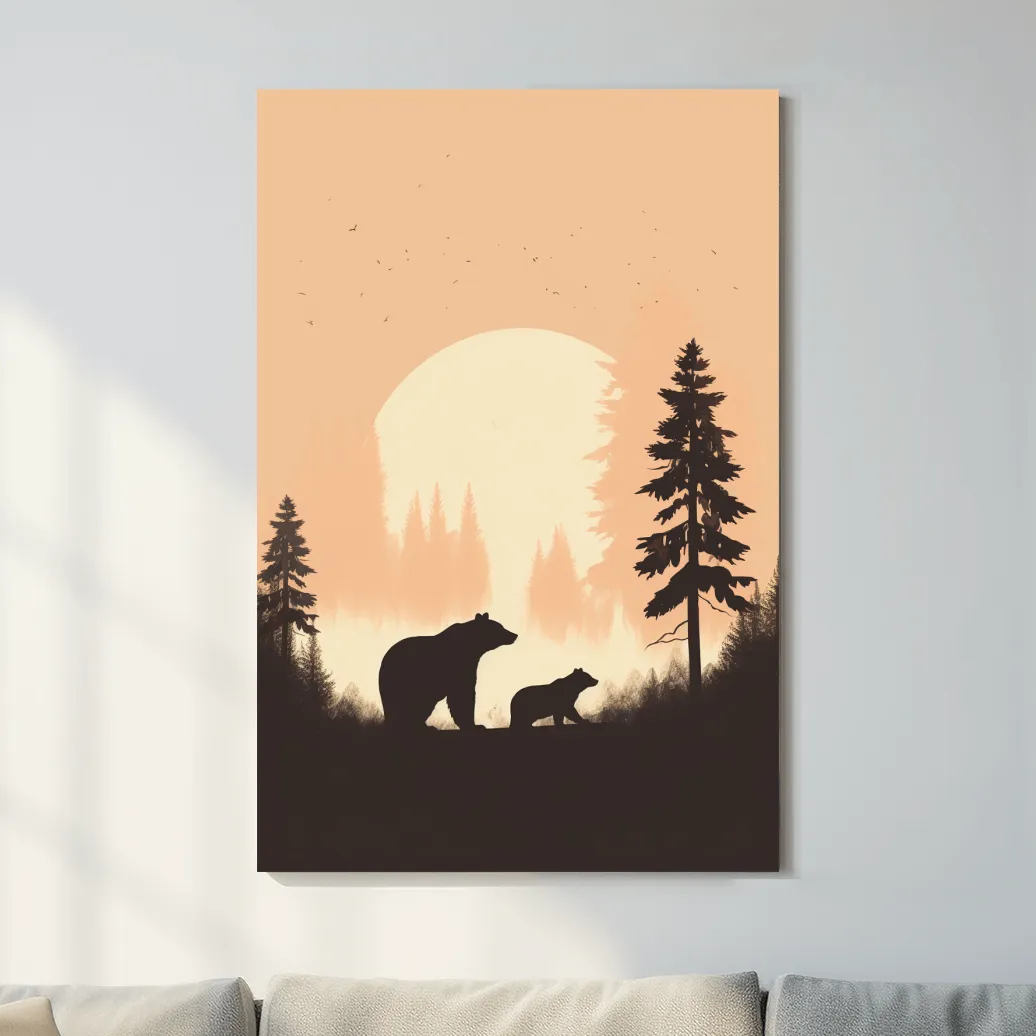 Minimal silhouette art illustration of a mama bear and her cub