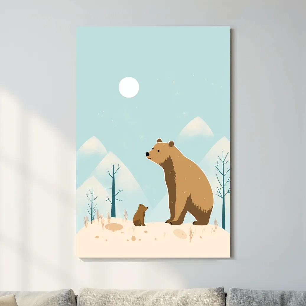 Minimal illustration art of a mama bear and her cub