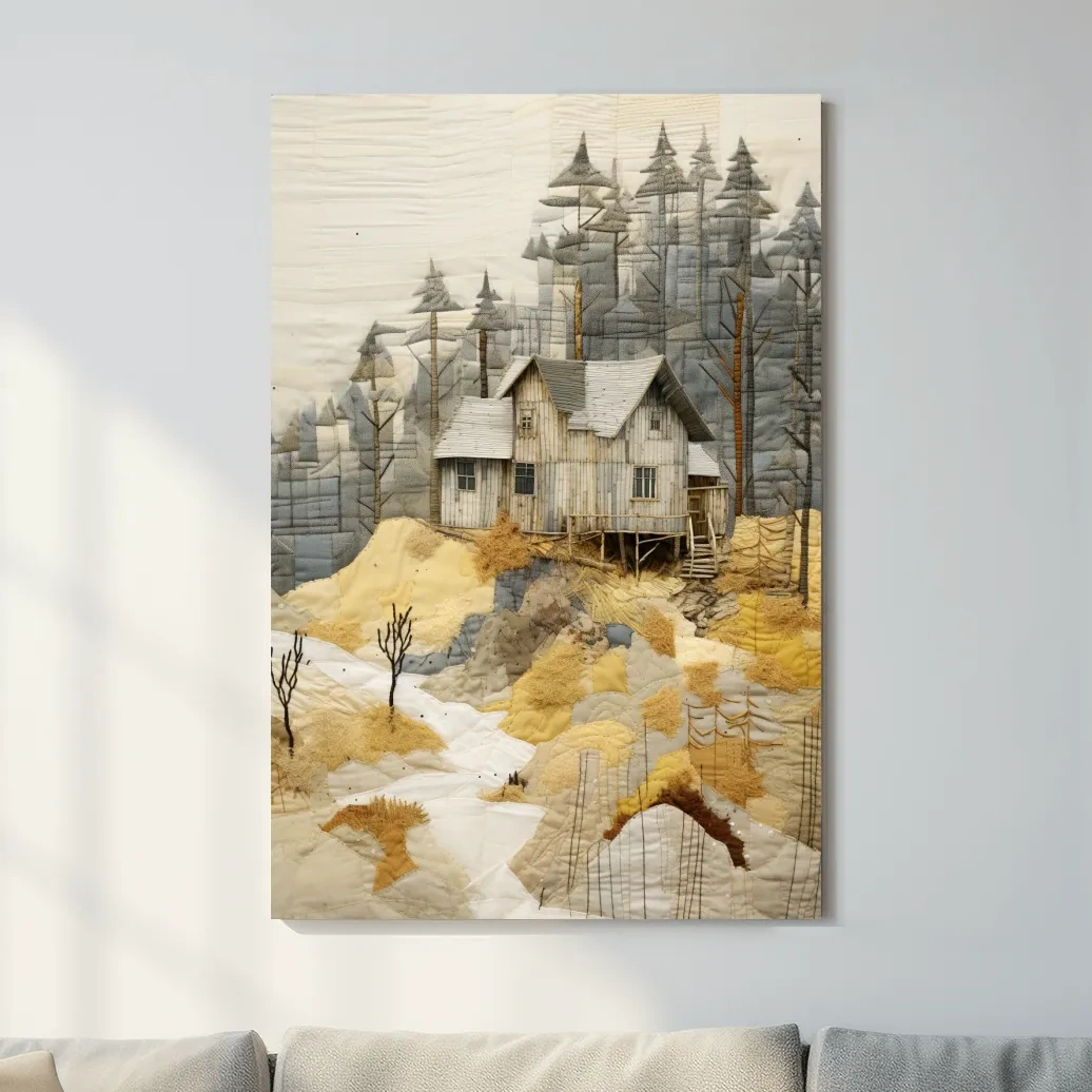 Cabin in the forest, fabric patchwork style art print