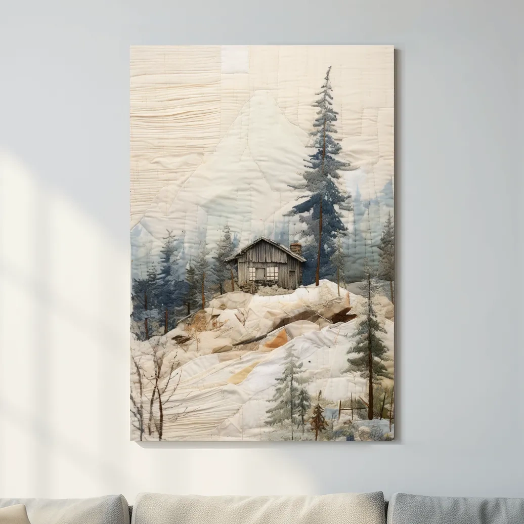 Rustic Winter Cabin In Snowy Pines - Textured Patchwork Fabric Effect Wall Art