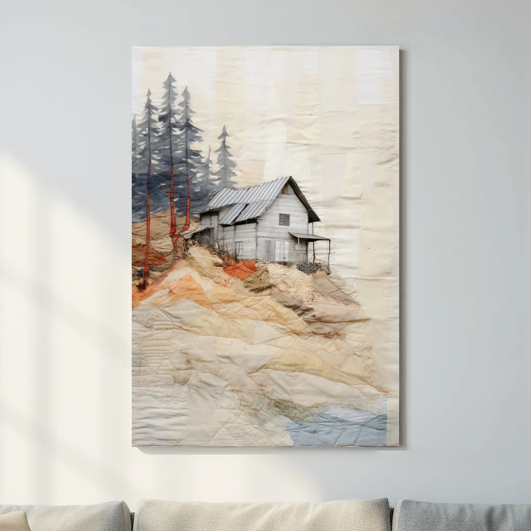 Rustic cabin artwork, fabric patchwork style