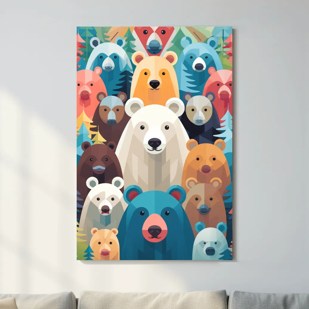 Illustration of colorful vibrant bears, childrens bedroom artwork