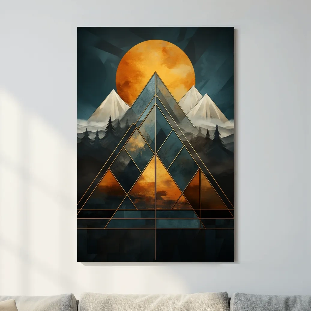 Leadlight style mountain artwork, sunset over glaciers and forest