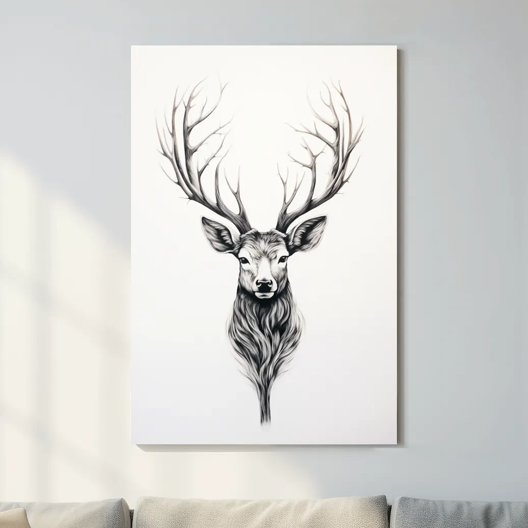 Minimalist Stag Head Line Drawing - Black And White Deer Tattoo  Artwork