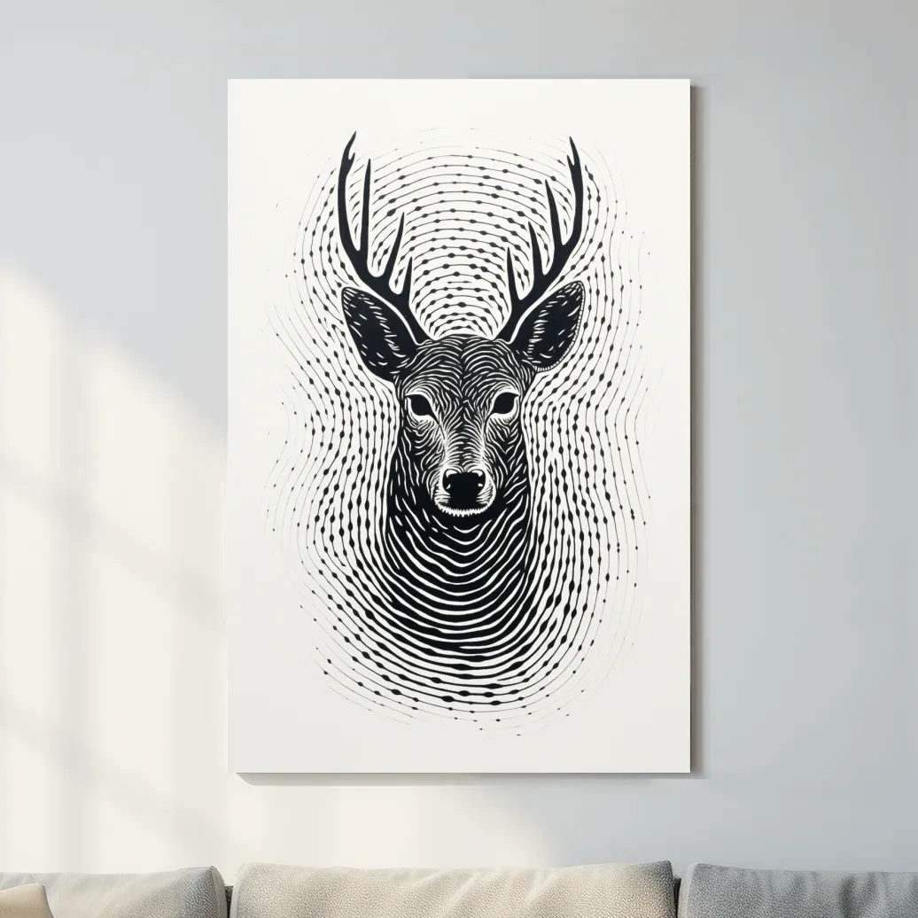 Psychedelic Deer Head Fingerprint Line Art - Black And White Wildlife Wall Art