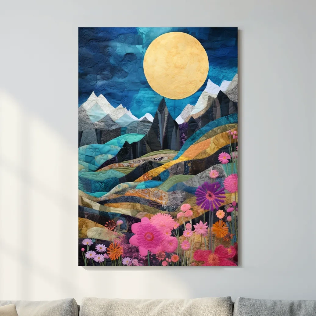 Handstitched patchwork style art, alpine flowers mountain artwork
