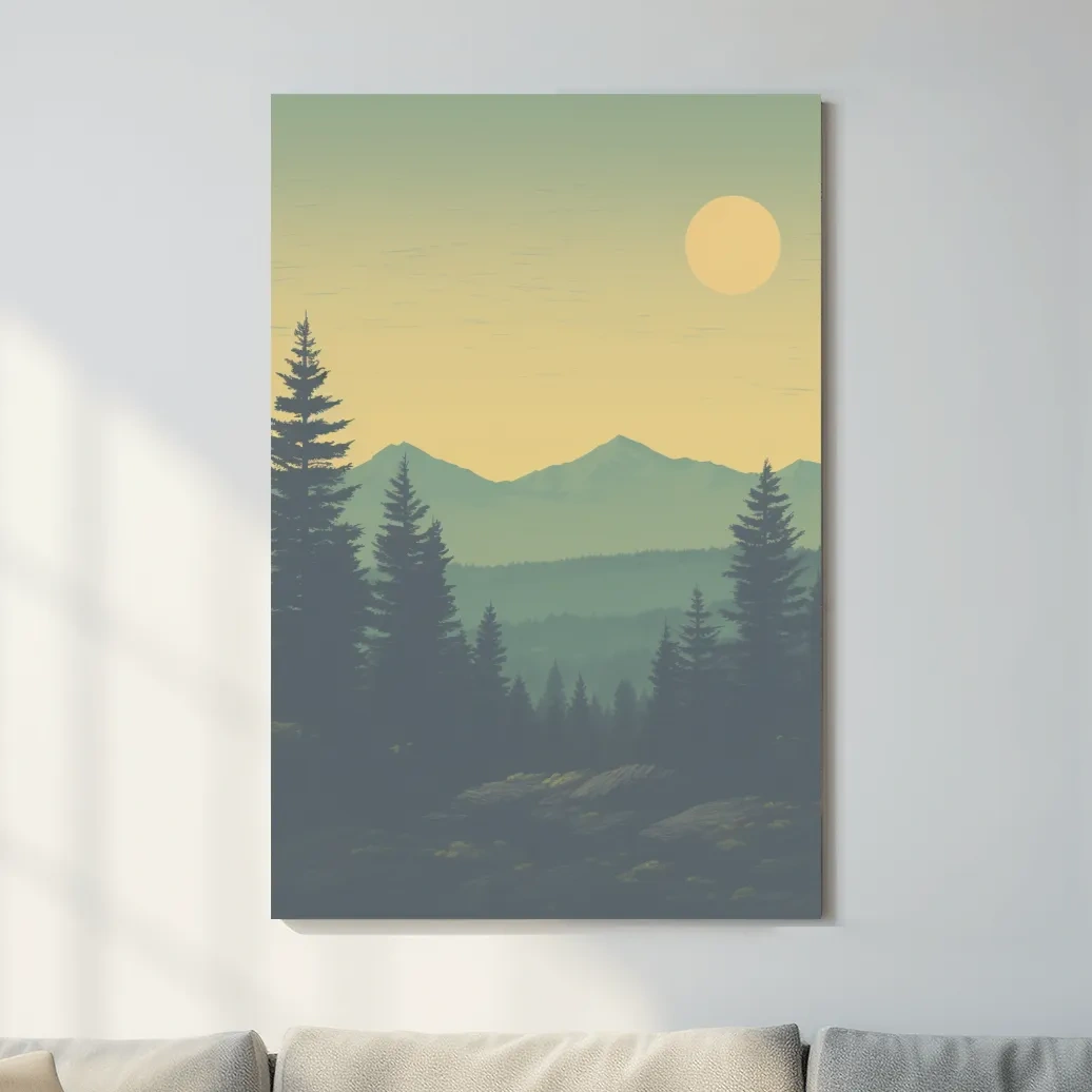 Minimalist Hazy Mountain Sunrise Landscape - Serene Alpine Forest Wall Art