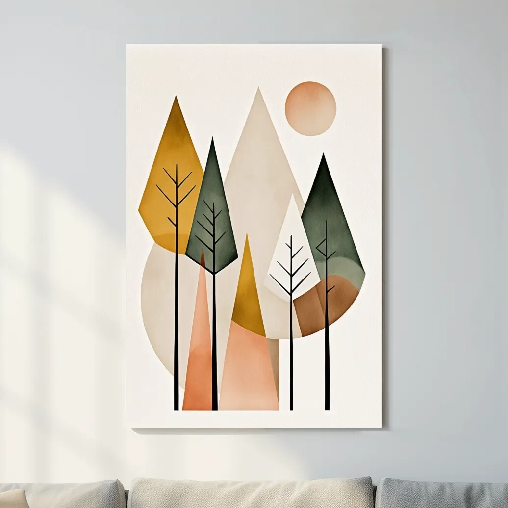 Minimalist Geometric Mountain Forest Artwork - Scandinavian Boho Wall Art