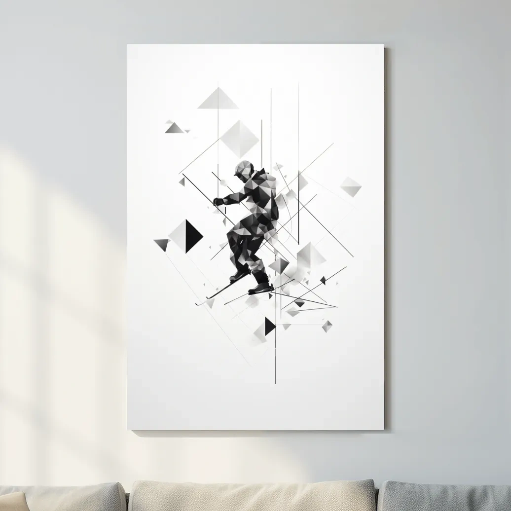 Monochrome Geometric Skier Silhouette - Abstract Winter Sports Wall Art
