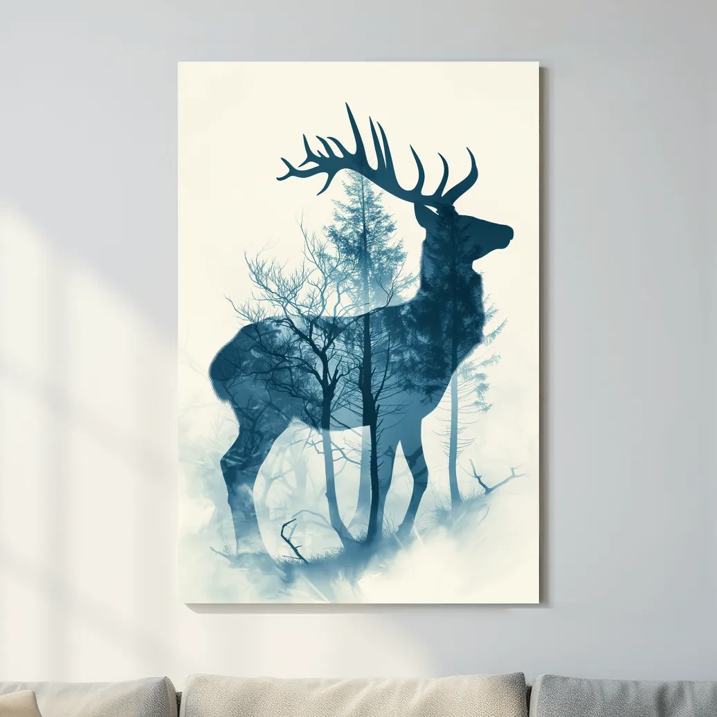 Moody Double Exposure Stag Silhouette - Misty Forest Wildlife Wall Art