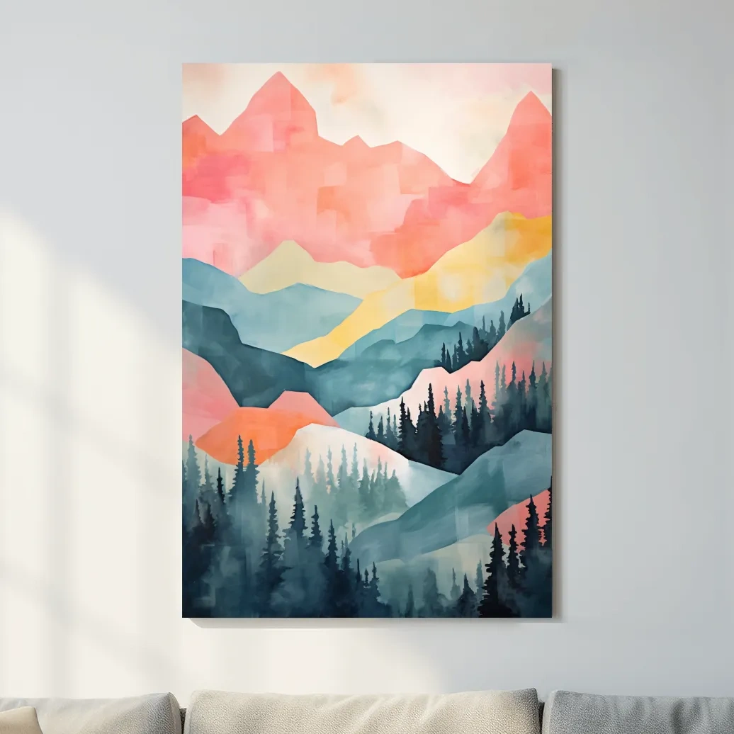 Abstract Watercolor Mountain Sunrise Landscape - Pastel Alpine Forest Wall Art