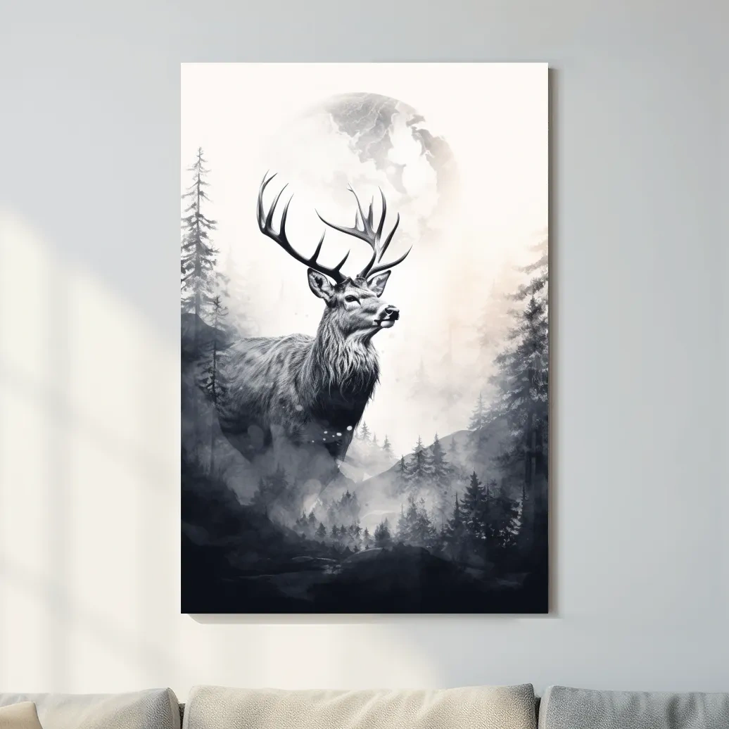 Deer and forest artwork drawing, double exposure style