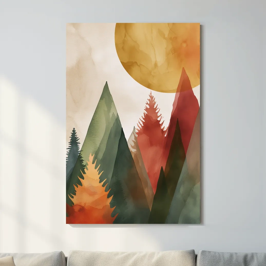 Trees and mountains under the sun, rustic boho watercolour print