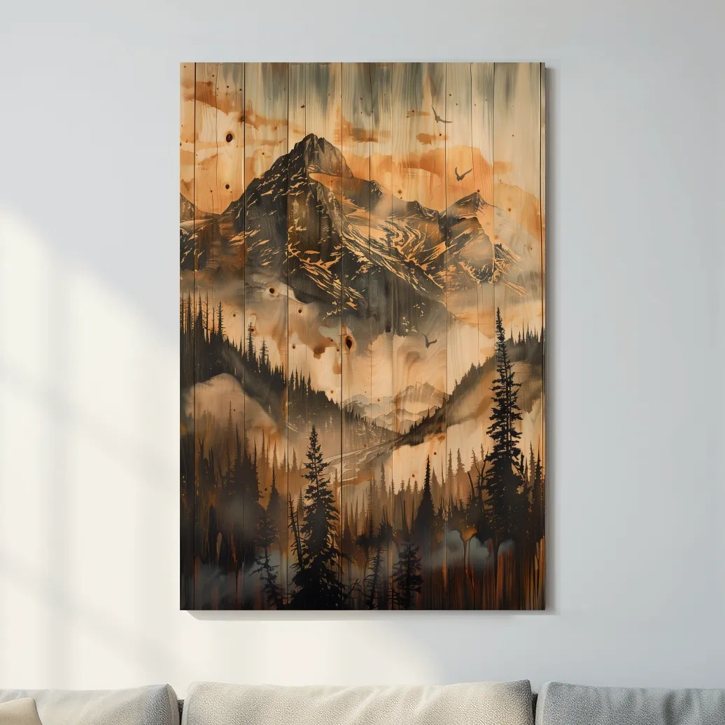 Mountain range wall art, wood panel effect, rustic cabin art, wood burning style