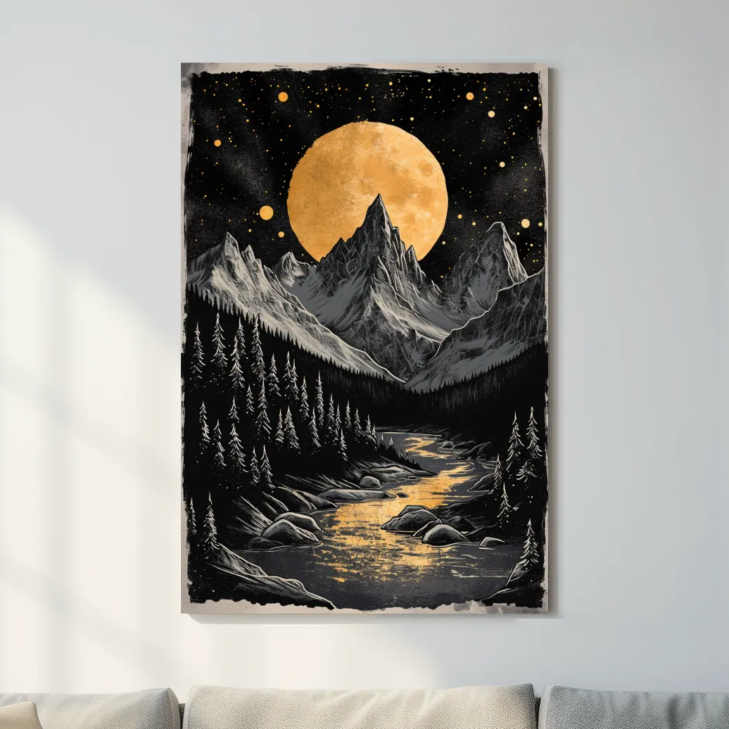 Moonlit alpine scene, dramatic glacier and moon artwork