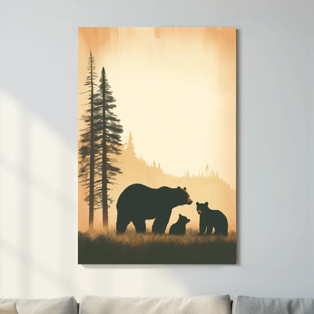 Bear Family Forest Silhouette Illustration - Minimalist Wildlife Artwork