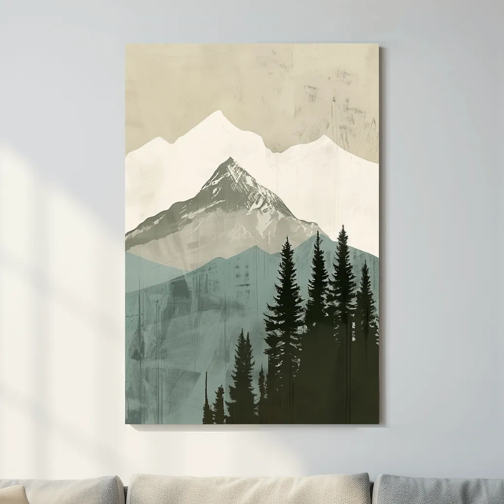 Minimal mountain artwork, scandinavian style glacier and forest art