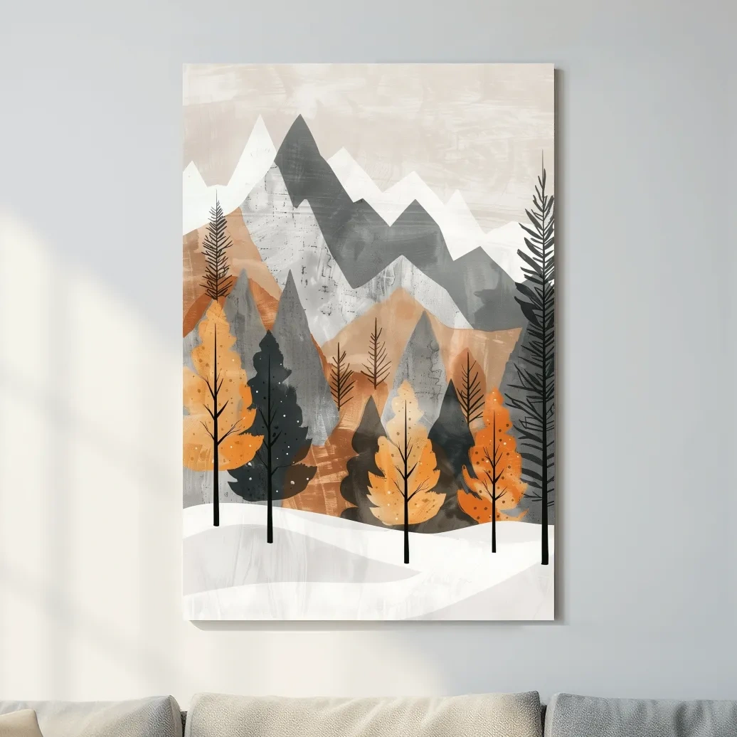 Scandinavian Autumn Mountain Forest Landscape - Minimalist Alpine Wall Art
