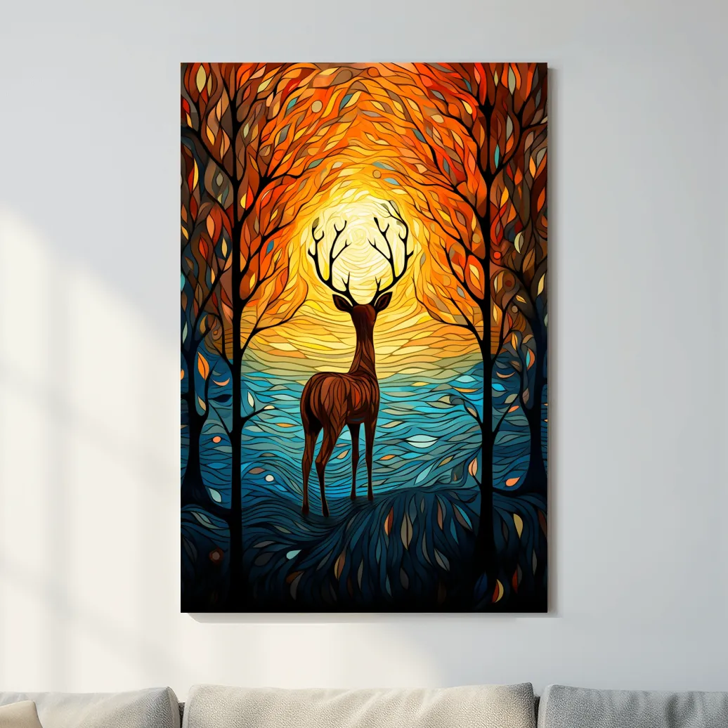 Deer in the forest at sunset, leadlight style artwork