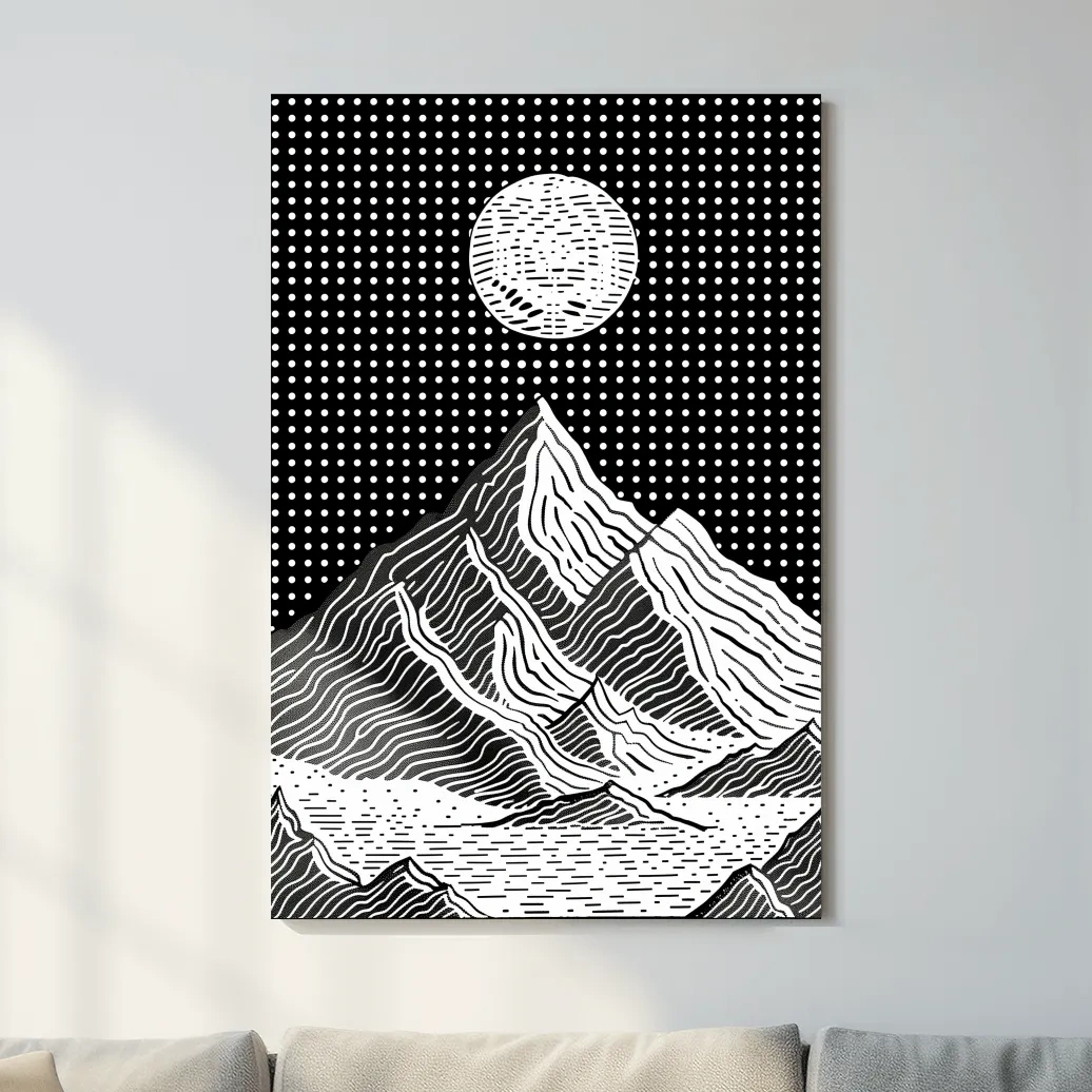 Glacier under the night sky, optical illusion linocut style mountain art