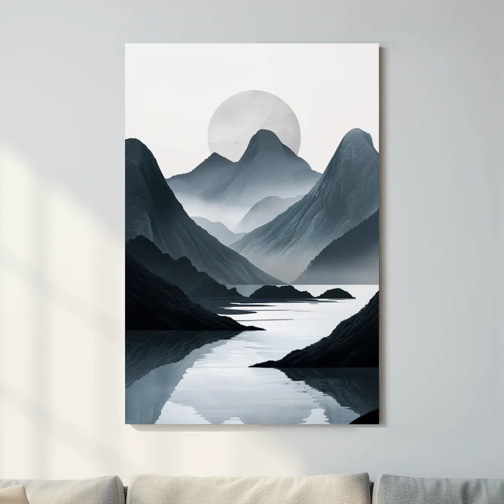 Black & white mountain artwork, view down a foggy valley and lake