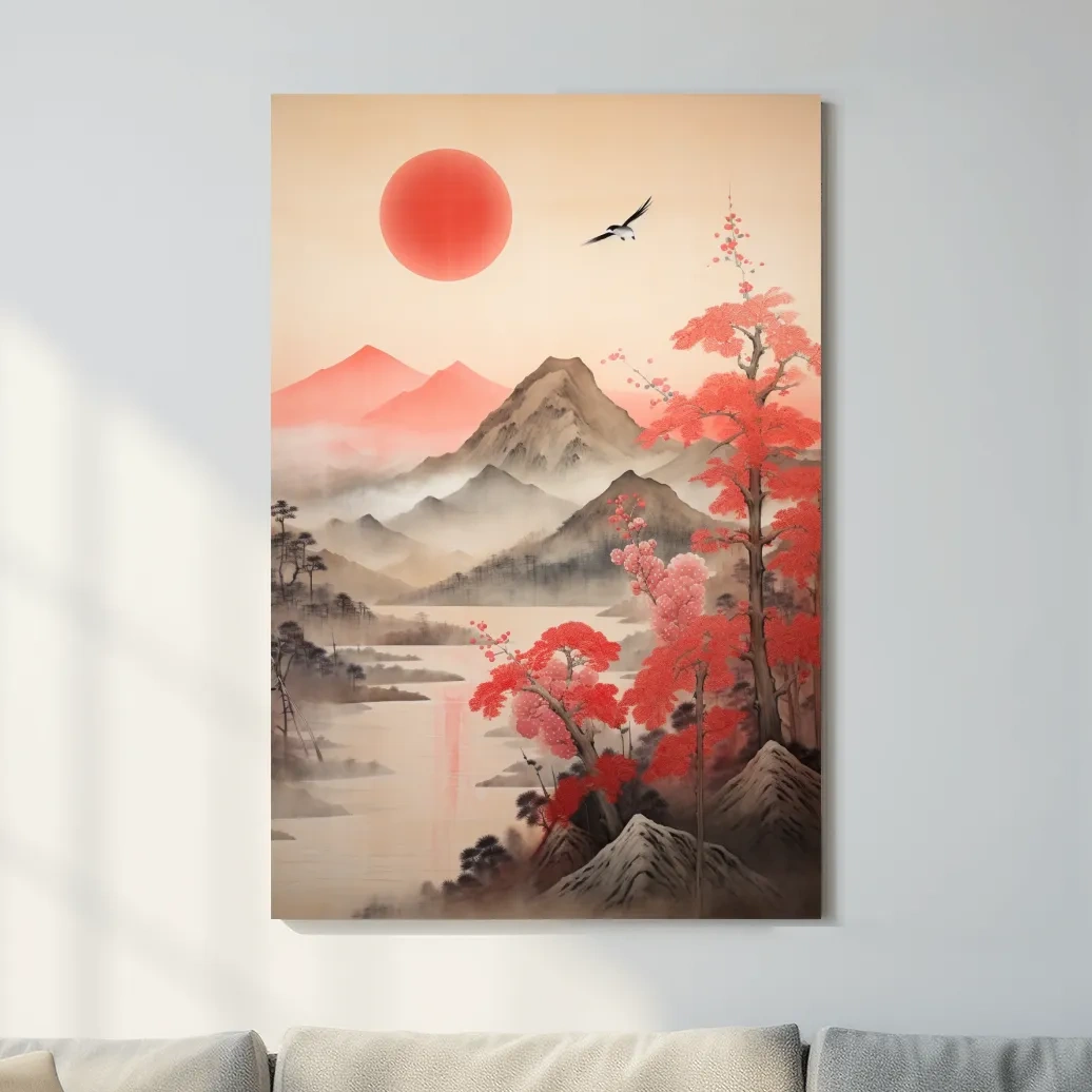 Oriental cherry blossom artwork, mountains in the mist watercolor wall art painting