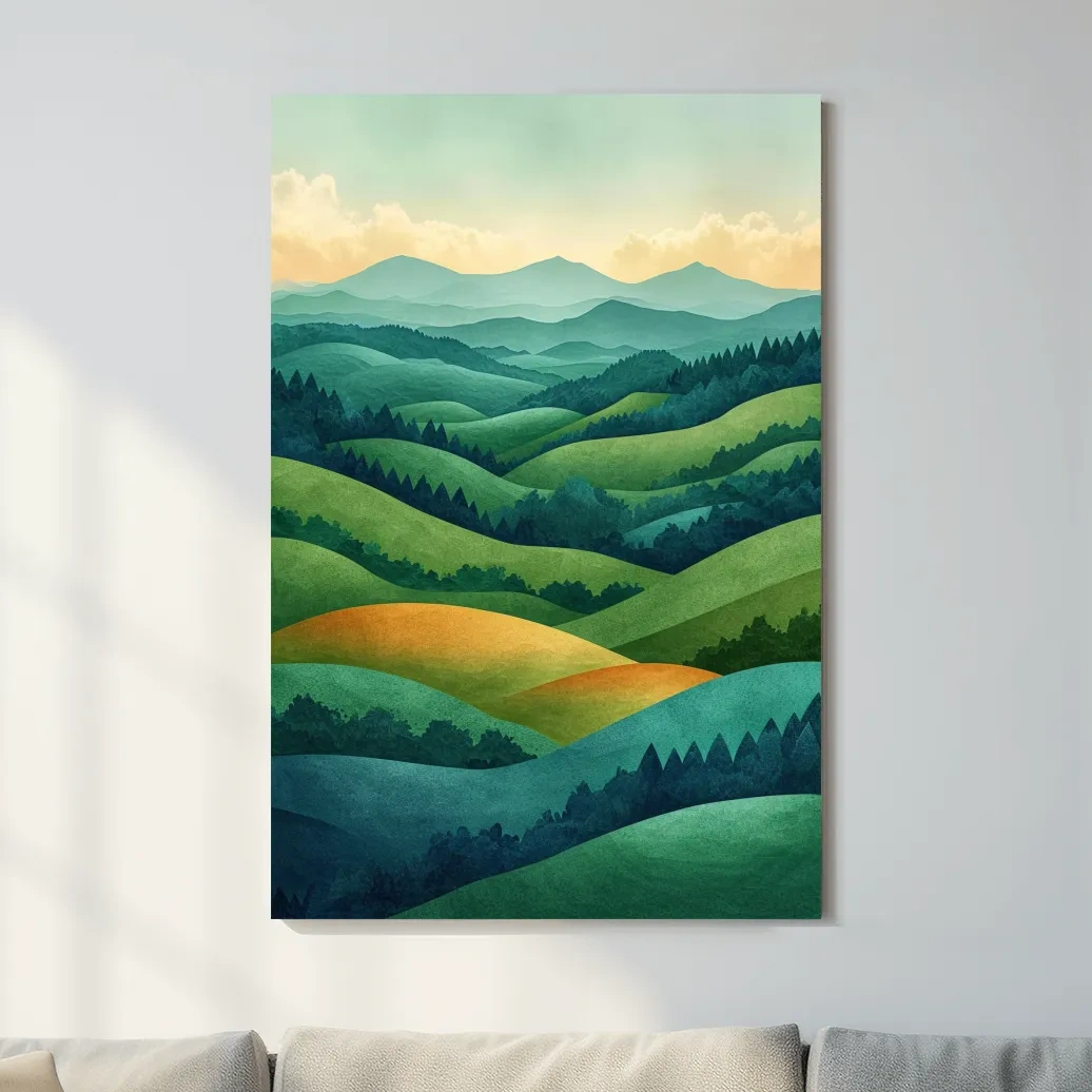 Layered Emerald Rolling Hills Landscape - Serene Scandinavian Nature Wall Art