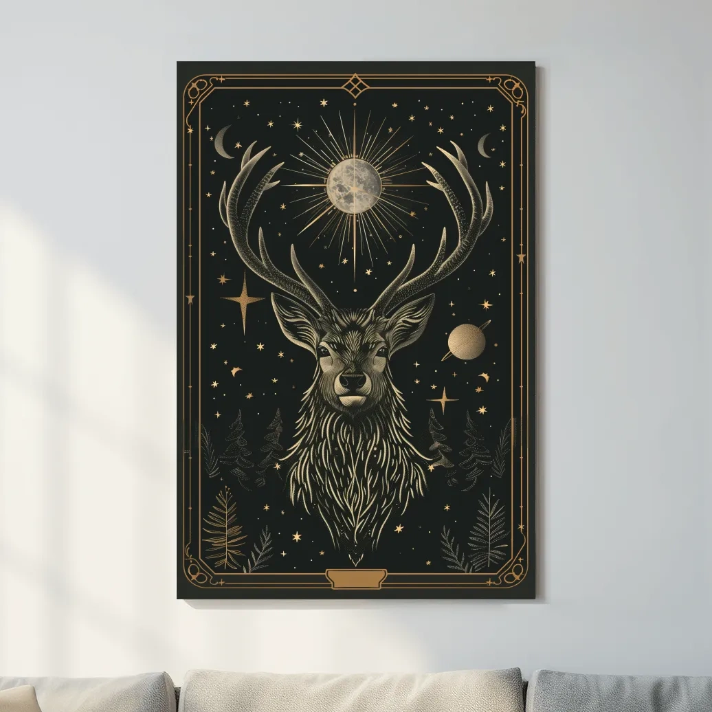 Elegant deer head tarot card style art, planetary solar system