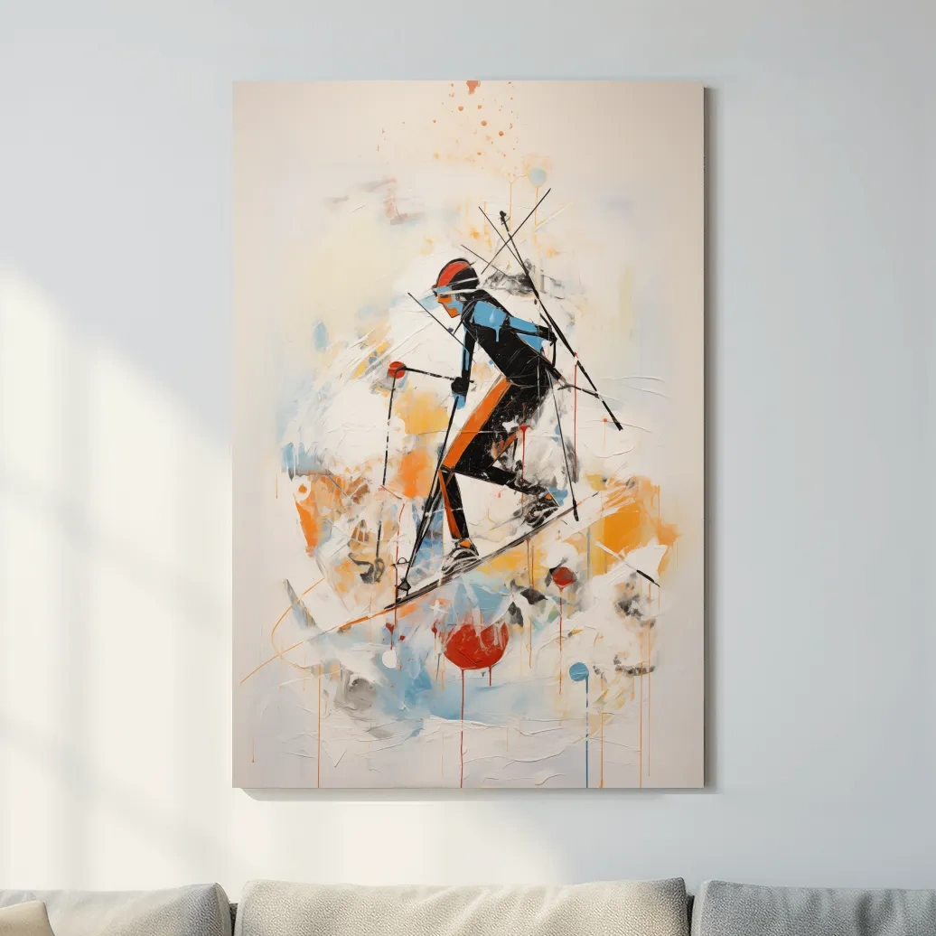 Skiing wall artwork, dynamic abstract painting of a skier
