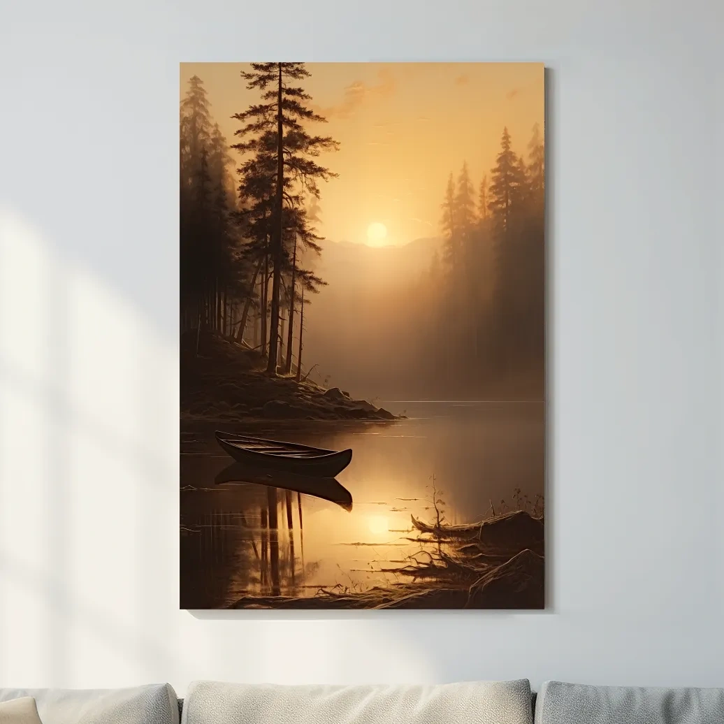 Sunset painting of a canoe on a lake at golden hour