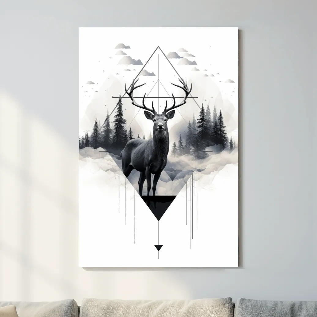 Tattoo inspired art, majestic deer in a misty forest